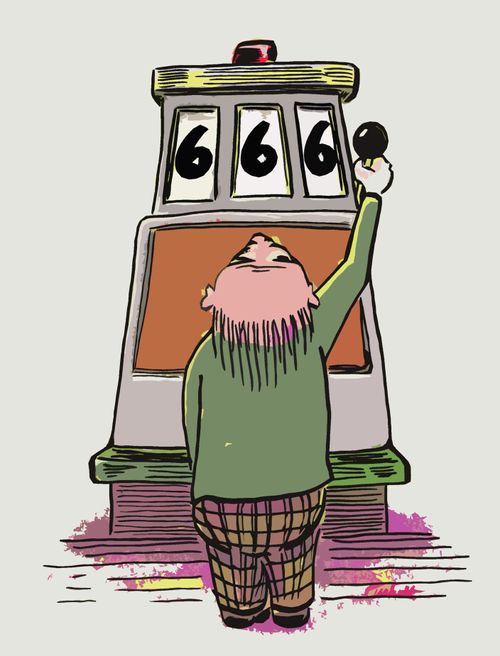 A man playing slot machine gets the losing combination '666' . . .
