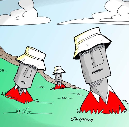Desert Island Statues wearing bucket hats.