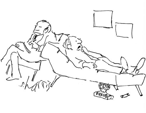 Psychiatrist's couch held up by Freud statue.