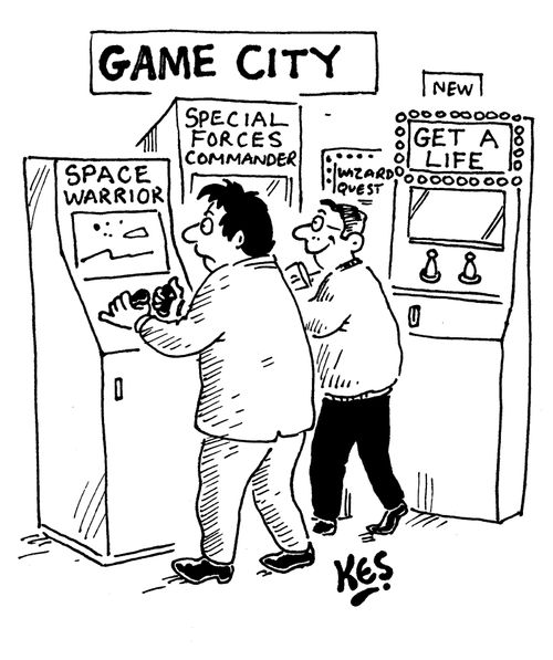 Two gamers play in a game arcade near a machine titled; 'Get a life'.