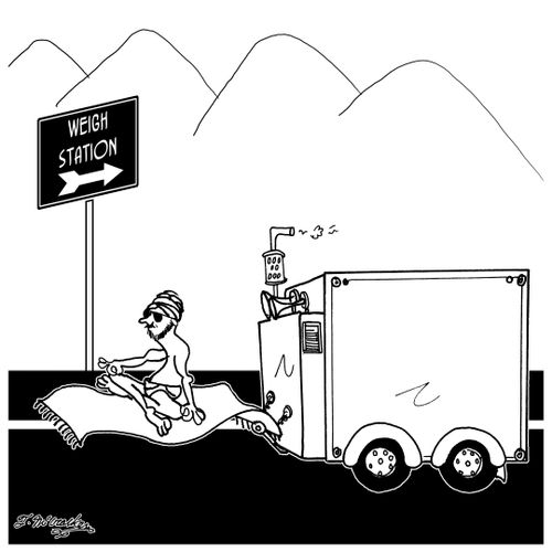 A sultan on a flying carpet pulls a truck trailer behind him.