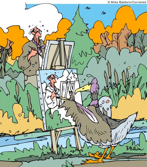Duck painting picture of man painting picture of a duck.