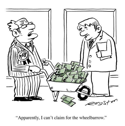 MP with wheelbarrow full of cash says: 'Apparently, I can't claim for the wheelbarrow.'
