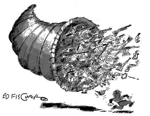 A man runs from a cornucopia of guns.