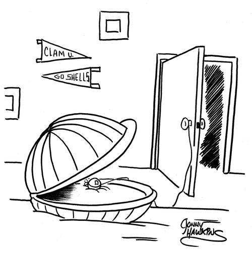 Clam has string tied to doorknob pulling pearl out like tooth.