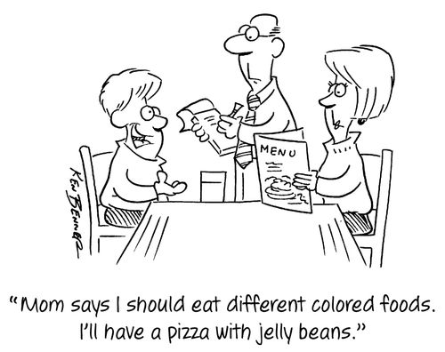 "Mom says I should eat differnt colored foods. I'll have a pizza with jelly beans."