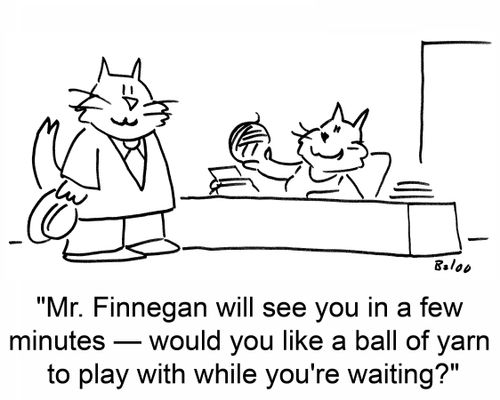 'Mr. Finnegan will see you in a few minutes -- would you like a ball of yarn to play with while you're waiting?'