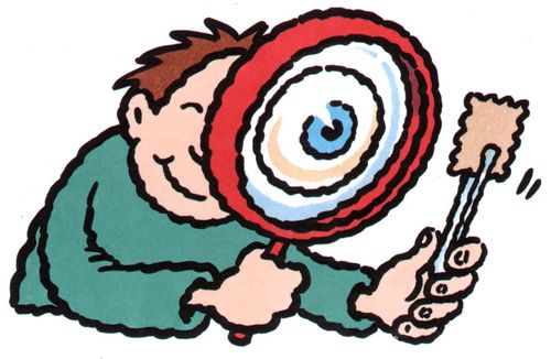Stamp collector with a magnifying glass (colour).