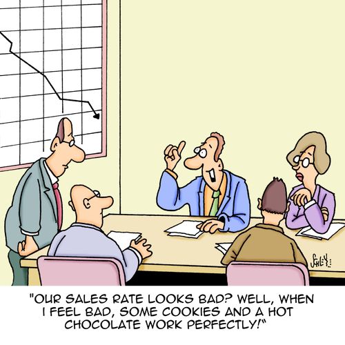 "Our sales rate looks bad? Well, when I feel bad, some cookies and a hot chocolate work perfectly!"