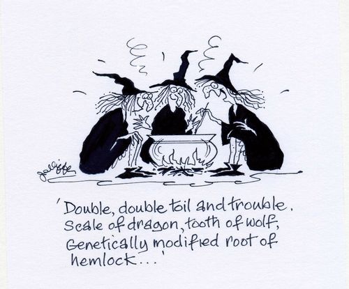 'Double, double, toil and trouble.  Scale of dragon, tooth of wolf, genetically modified root of hemlock...'
