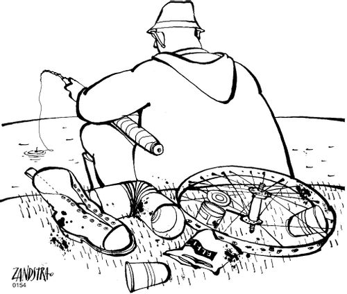 Fisherman catching rubbish.