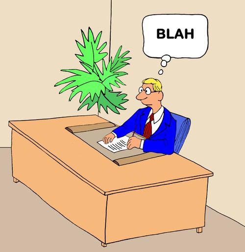 Business cartoon showing an uninvolved business man at his desk and thinking 'blah'.