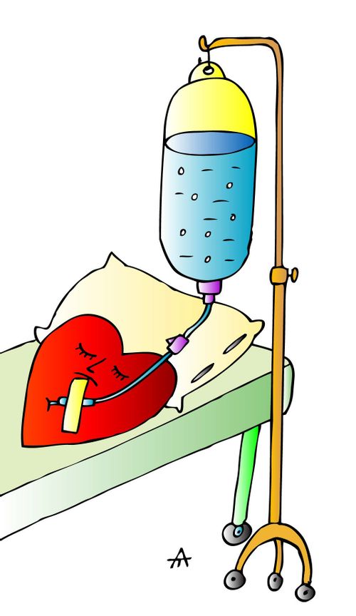A heart lies on an IV drip.