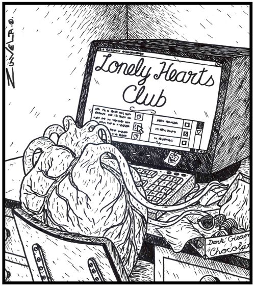 (Visual gag) Lonely Hearts Club / A human heart searching for a potential partner on a Lonely Hearts Club website.