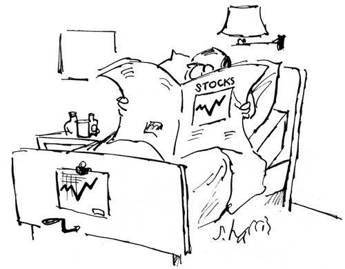 Stocks are going up as is the chart at the end of the man's bed.
