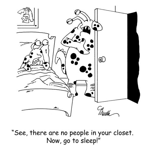 'See, there are no people in your closet. Now, go to sleep!'