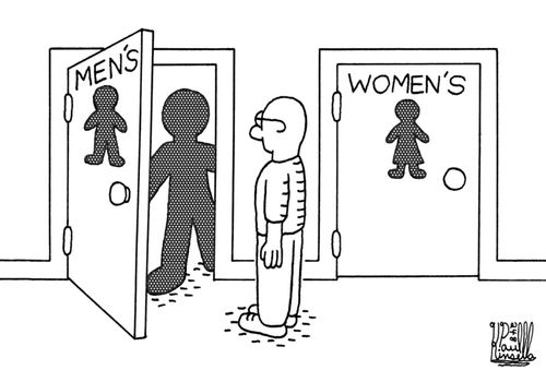 Men's and Women's bathroom door silhouette symbols.
