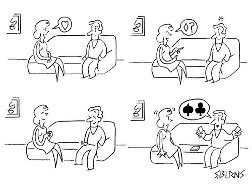 Woman asking if man loves her, and asking for a diamond, Man fishes around in pockets and pulls out a pack of cards