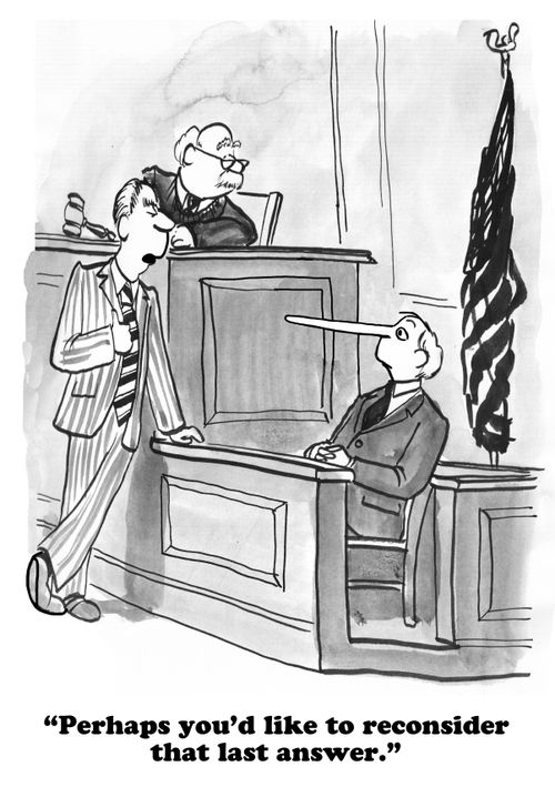Legal cartoon about lying on the witness stand.
