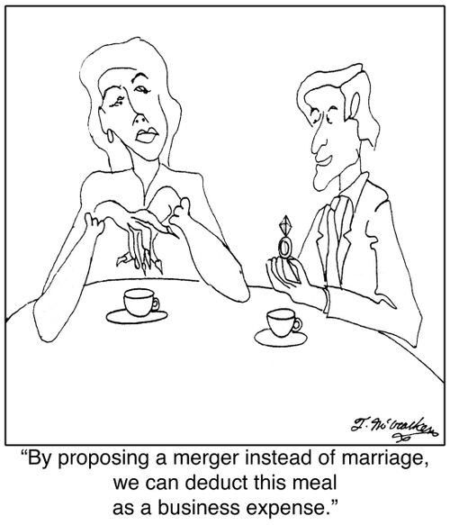 'By proposing a merger instead of marriage, we can deduct this meal as a business expense.'