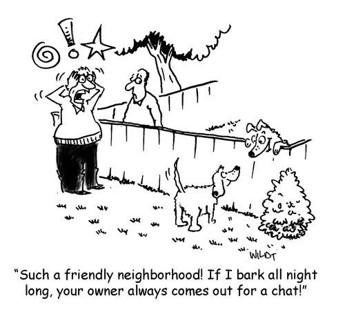 'Such a friendly neighborhood! If I bark all night long, your owner always comes out for a chat!'