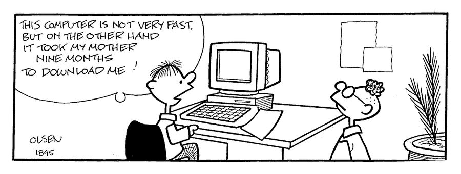"This computer is not very fast. On the other hand it took my mother nine months to unload me!"