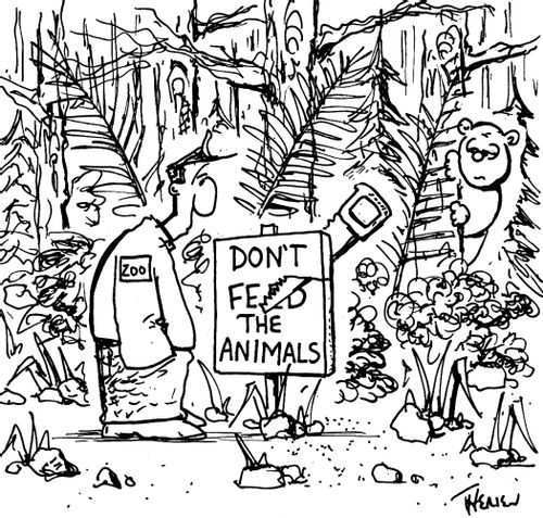 'Don't' Feed the Animals' sign with a saw in it.