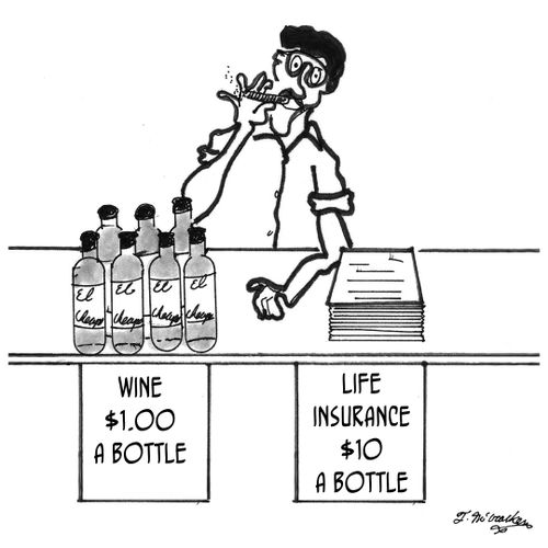 A man sells wine for $1 a bottle next to life insurance selling for $10 a bottle.