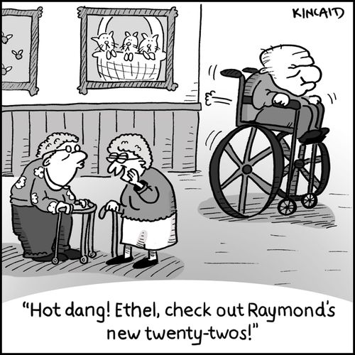 'Hot dang! Ethel, check out Raymond's new twenty-twos!' 