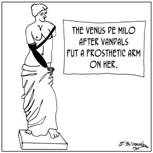 The Venus de Milo after vandals put a prosthetic arm on her.