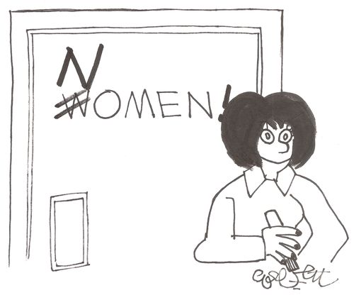 Woman changes restroom door sign, from WOMEN to NO MEN!