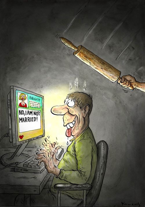 Man lies online saying that he is not married and his wife hits him over the head with her rolling pin.