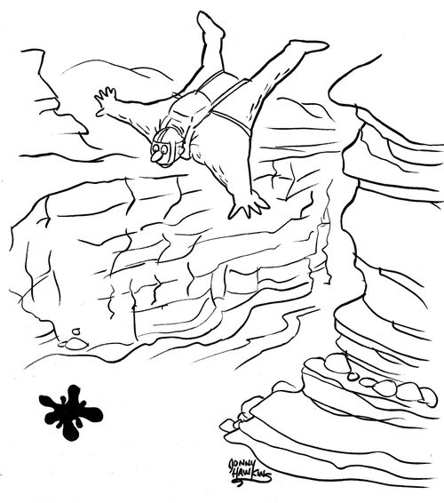 Base jumper in squirrel suit sees splat shadow as he leaps from canyon wall.