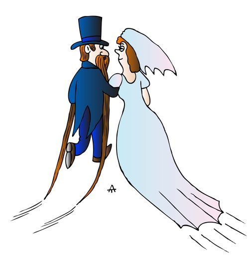A woman marries a man with a long mustache.
