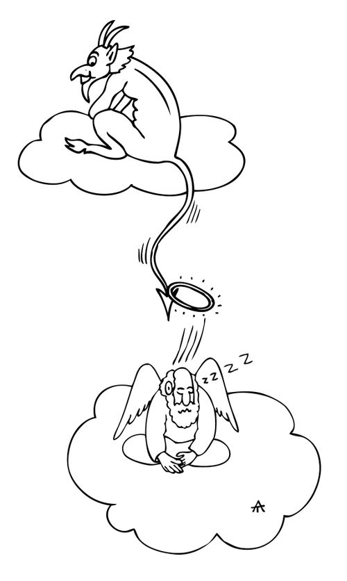 An angel's halo is held up by a devil's tail.