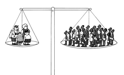 Set of scales with white family on one side and black people on the other.