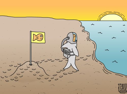 Fish astronaut stands proudly on a beach.
