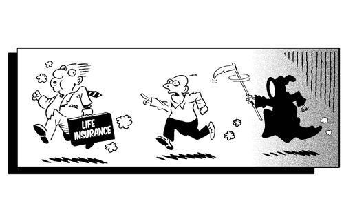 Life insurance salesman running away from a man being chased by the Grim Reaper.