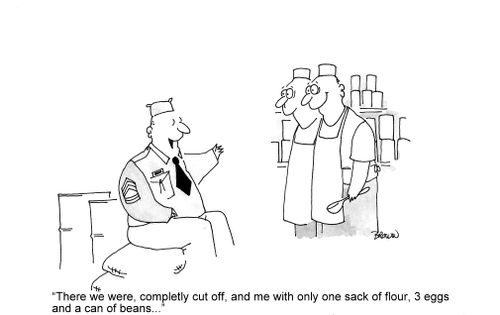 'There we were, completly cut off, and me with only one sack of flour, 3 eggs and a can of beans...'