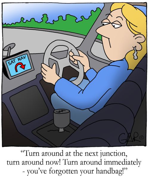 Turn around at the next junction, turn around now! Turn around immediately - you've forgotten your handbags!