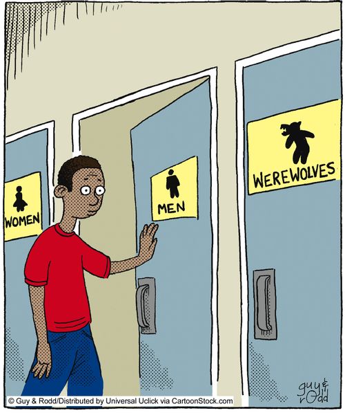 Men, Women and Werewolves Restrooms.
