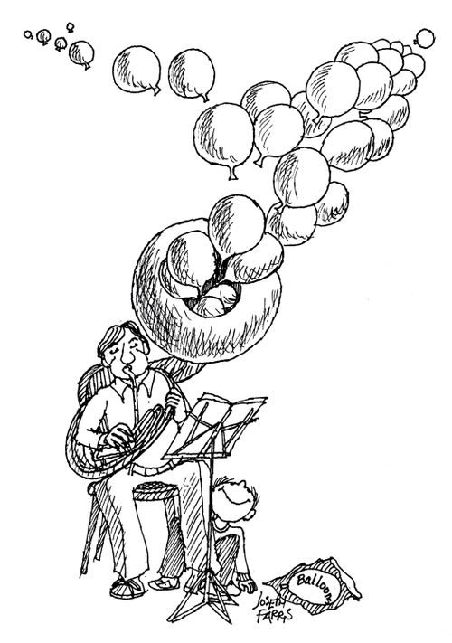 Blowing balloons.