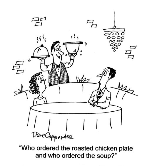 'Who orderes the roasted chicken plate and who ordered the soup?'