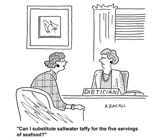 "Can I substitute saltwater taffy for the five servings of seafood?"