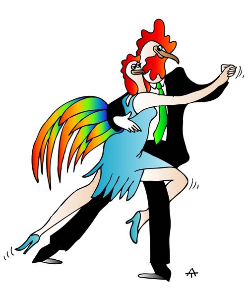 A pair of chickens tango.