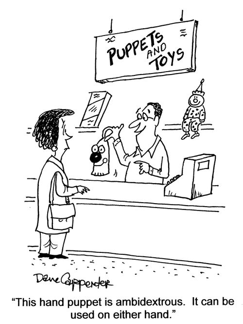 'This hand puppet is ambidextrous. It can be used on either hand.'