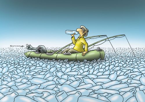 Man in a sea of Bottled Water.