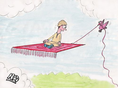 A bird pulls the thread from a magic carpet.