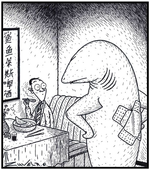 An angry Shark has found out where his missing Dorsal Fin has ended up being used in a Shark Fin soup meal.
