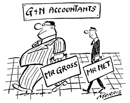 'G+N Accountants': 'Mr Gross' (fat) and 'Mr Net' (thin).